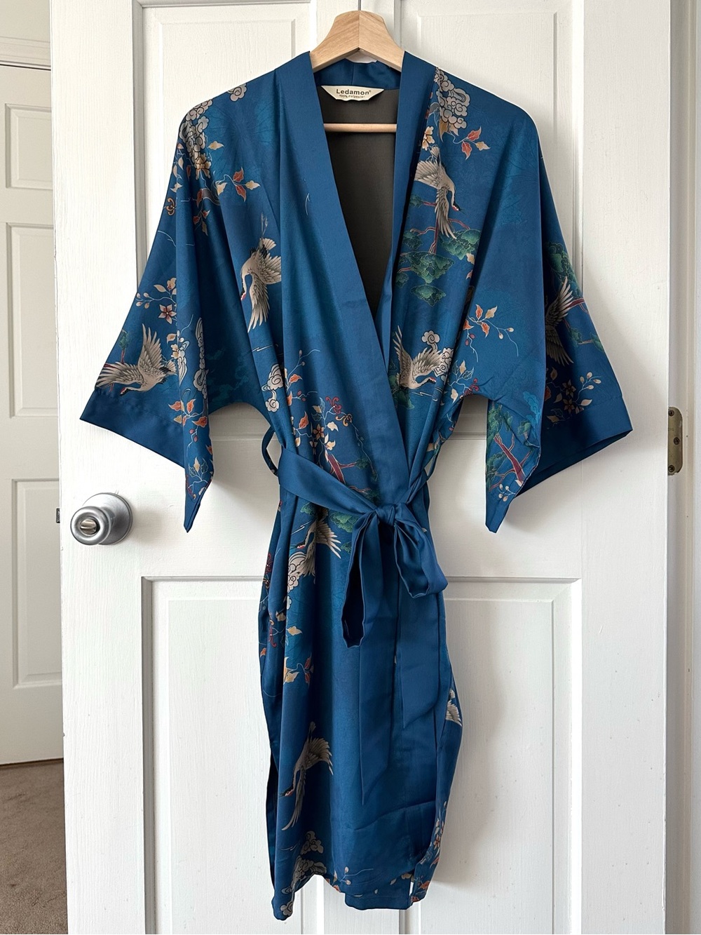 Ledamon Blue Floral Crane Satin Kimono Robe Japanese One Size